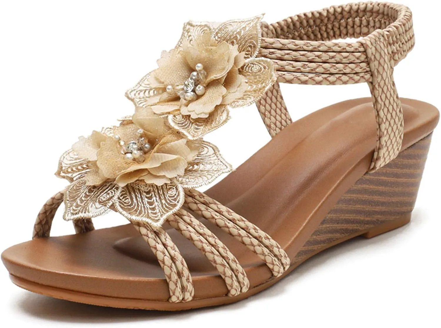 Saralris Wedge Sandals for Women Cutout Peep Toe Mid Heel Rhinestones Fashion Breathable Beach Sandals