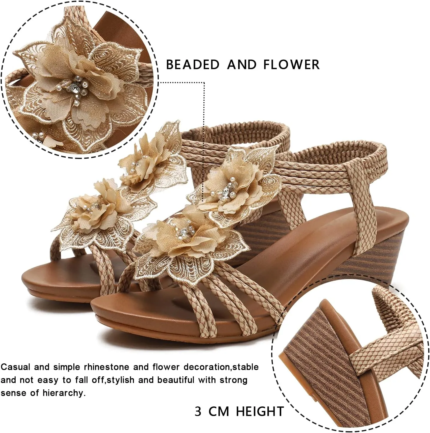 Saralris Wedge Sandals for Women Cutout Peep Toe Mid Heel Rhinestones Fashion Breathable Beach Sandals