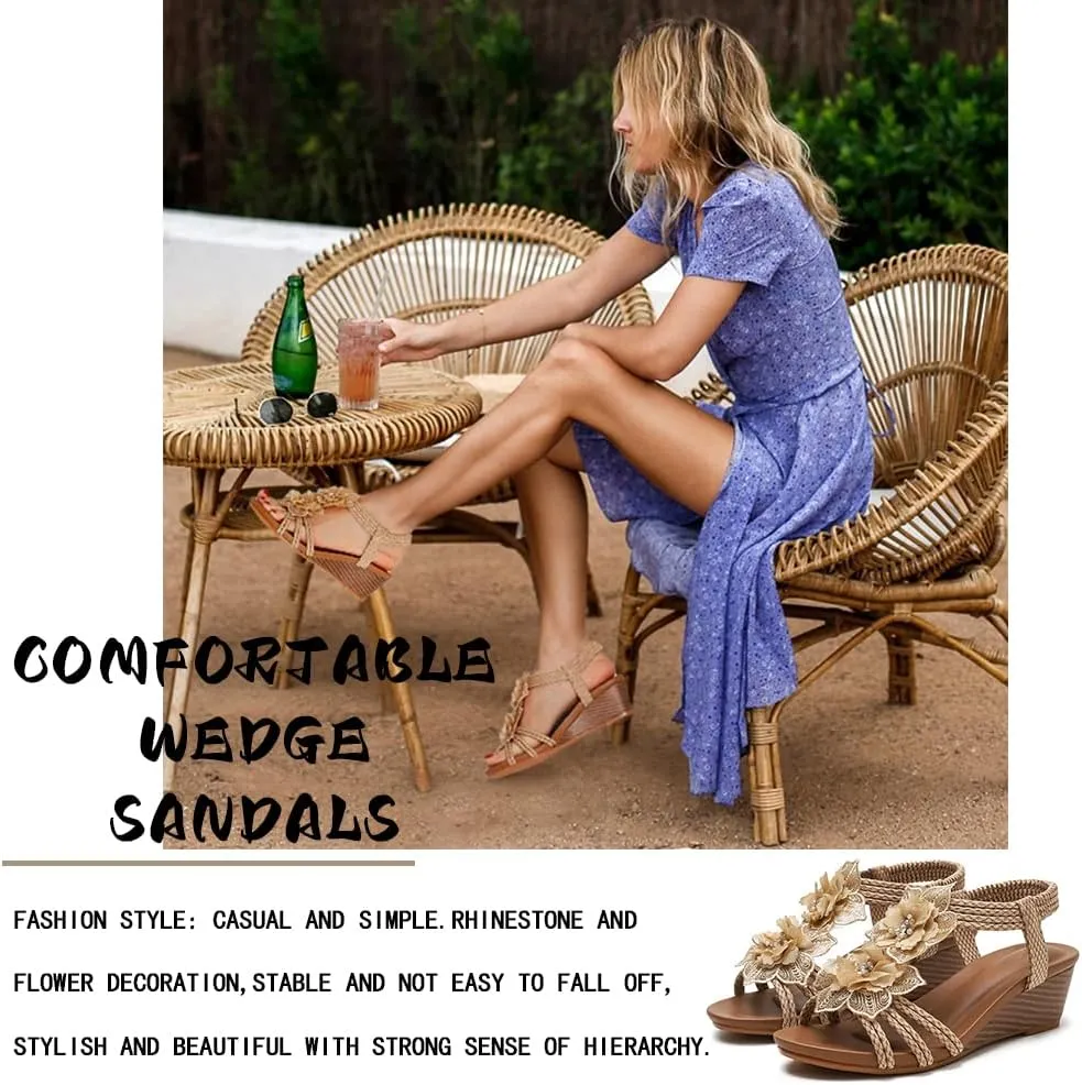 Saralris Wedge Sandals for Women Cutout Peep Toe Mid Heel Rhinestones Fashion Breathable Beach Sandals