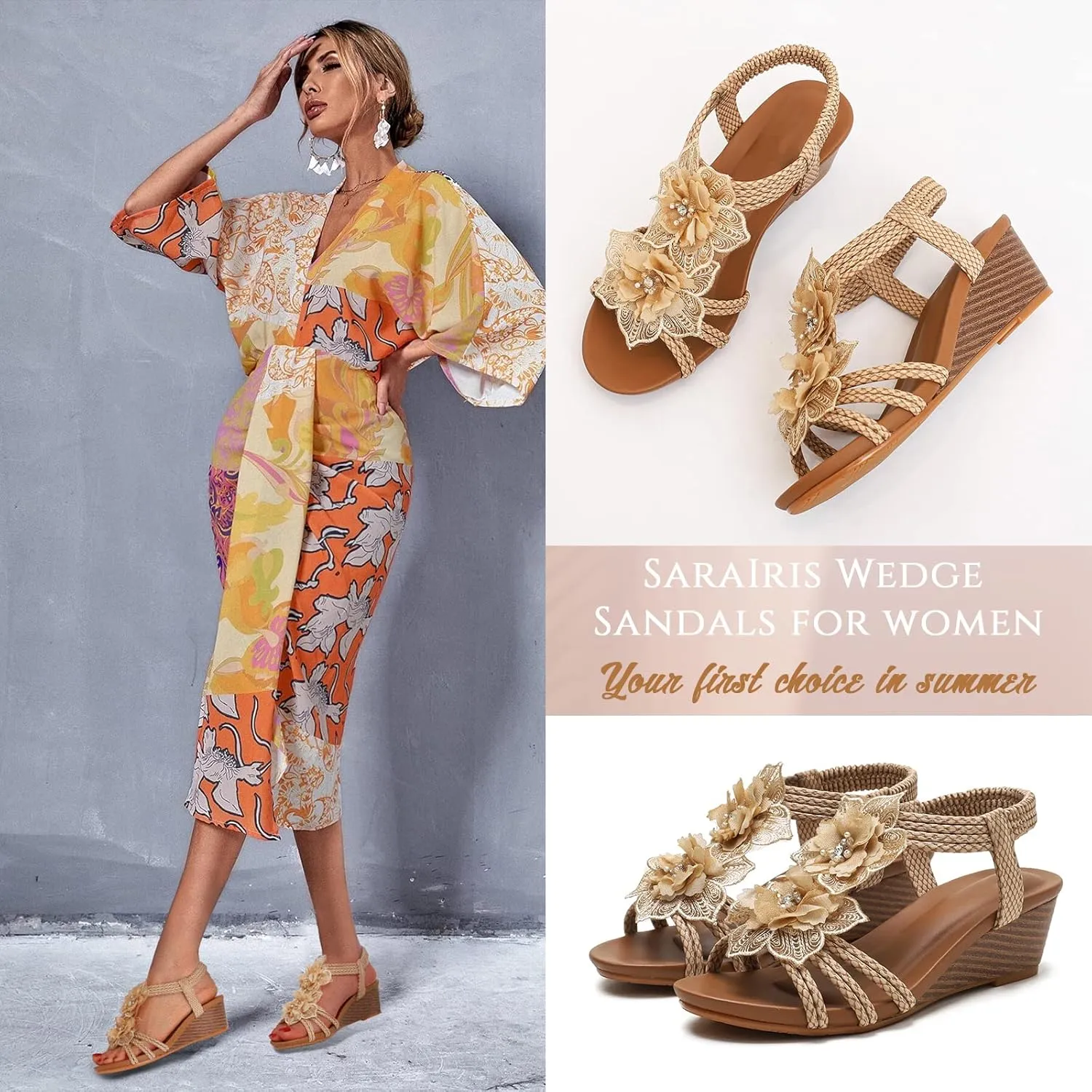 Saralris Wedge Sandals for Women Cutout Peep Toe Mid Heel Rhinestones Fashion Breathable Beach Sandals