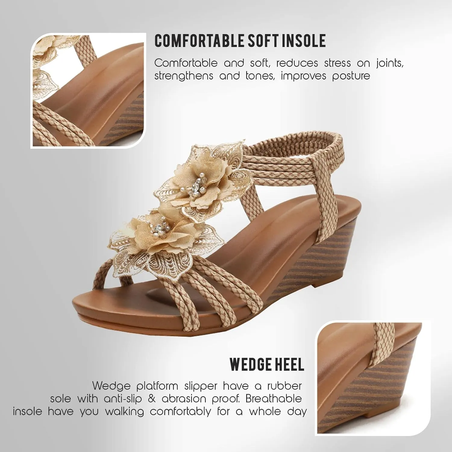 Saralris Wedge Sandals for Women Cutout Peep Toe Mid Heel Rhinestones Fashion Breathable Beach Sandals