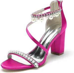 Satin Pearls Block Heel Wedding Shoes for Bride Open Toe Zipper Back Women Chunky Heels Formal Party Dress Heeled Sandals 8.5Cm