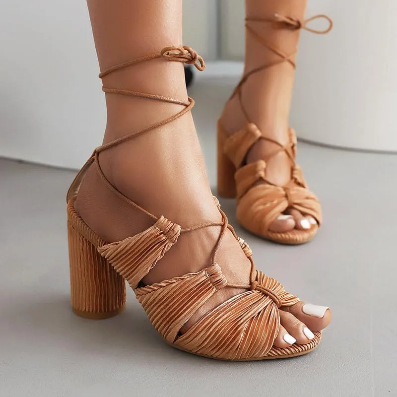 SEIFIN Women's Chunky Strappy Sandals Lace Up Open Toe Ankle Wrap Block High Heels for Women Tie Up Gladiator Sexy Heels for Prom Party Shoes