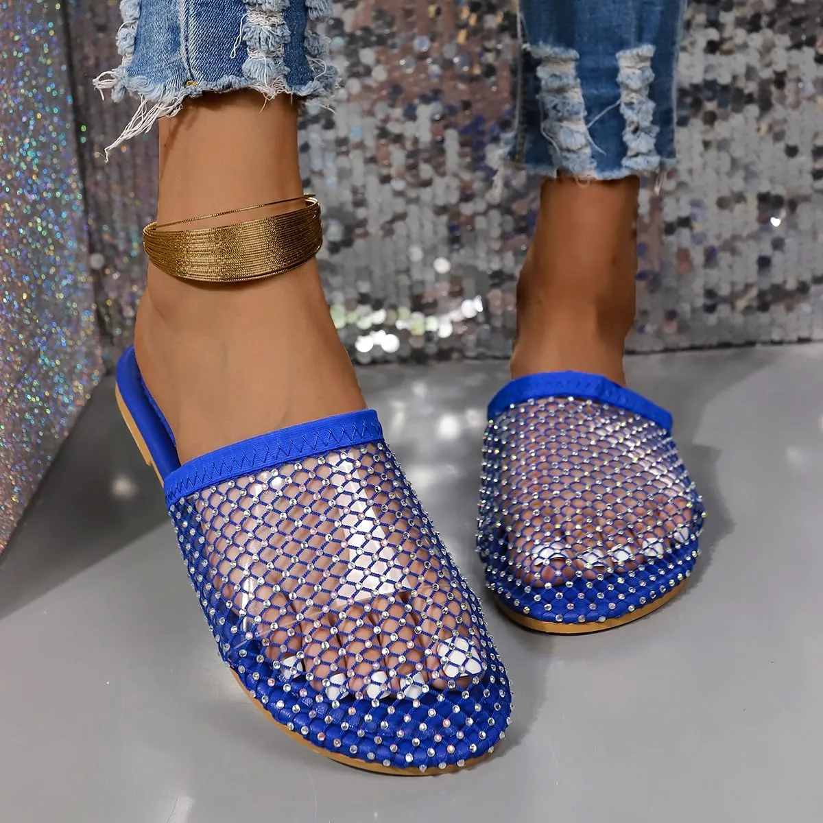 Shiny Rhinestone Mesh Flats, Bling Sandals for Women, Glittery Stretchy Net slipper Women Ultra Comfortable Shiny Gem Mesh Flats Sparkle slipper Toe Casual Slingback Flat slipper