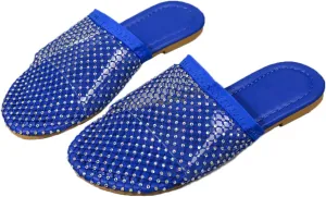 Shiny Rhinestone Mesh Flats, Bling Sandals for Women, Glittery Stretchy Net slipper Women Ultra Comfortable Shiny Gem Mesh Flats Sparkle slipper Toe Casual Slingback Flat slipper