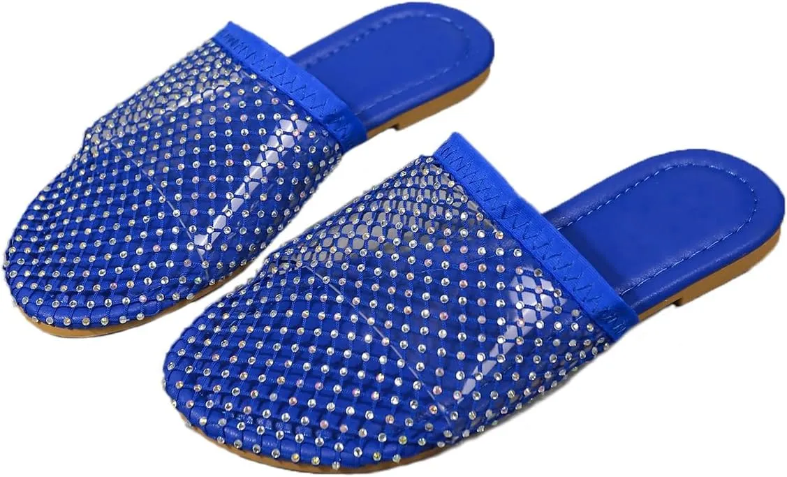 Shiny Rhinestone Mesh Flats, Bling Sandals for Women, Glittery Stretchy Net slipper Women Ultra Comfortable Shiny Gem Mesh Flats Sparkle slipper Toe Casual Slingback Flat slipper