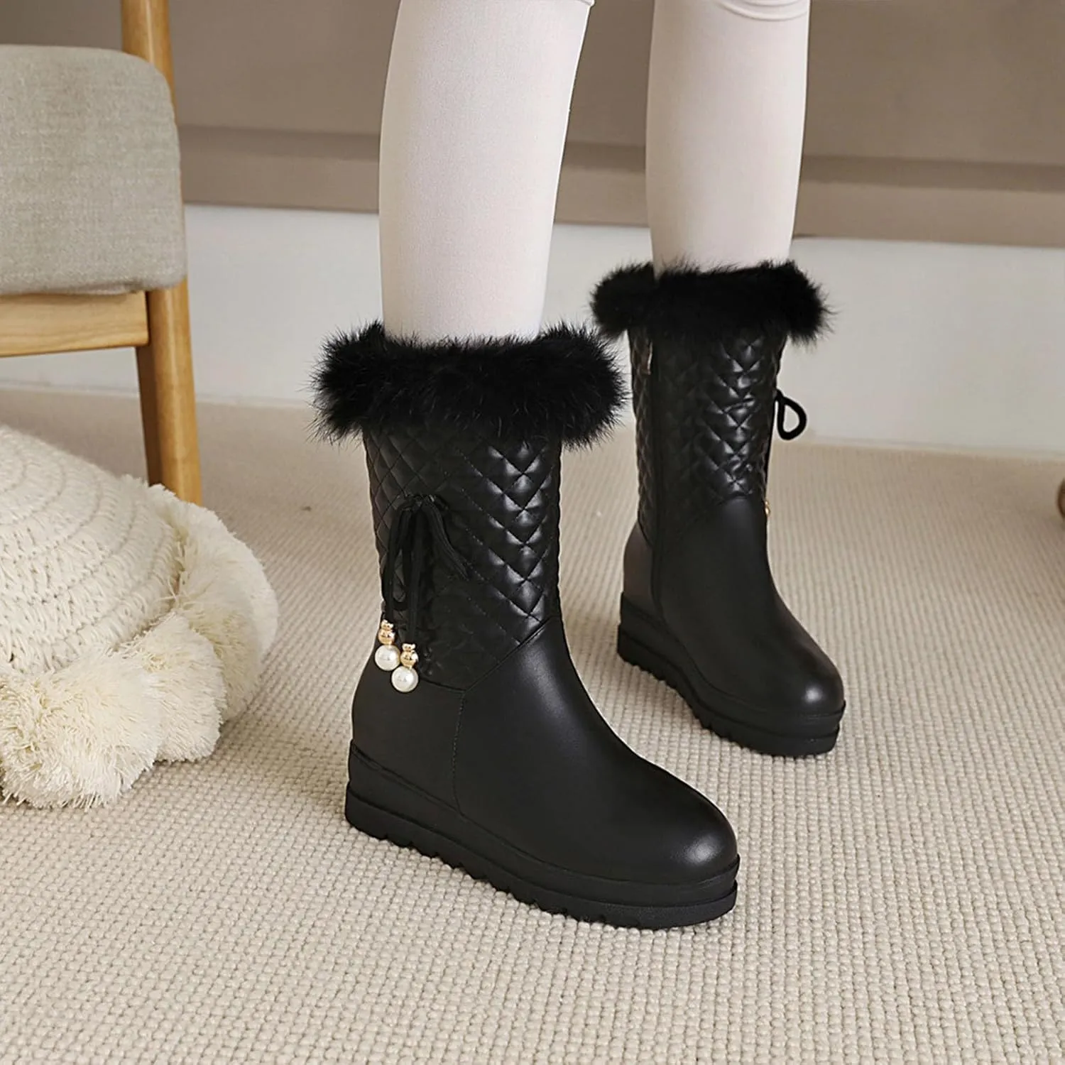 Short Snow Boots, Side Zip Raw Edge Straight Boots Bow Pearl Decoration Women's Boots Waterproof and Non Slip Autumn and Winter Boots