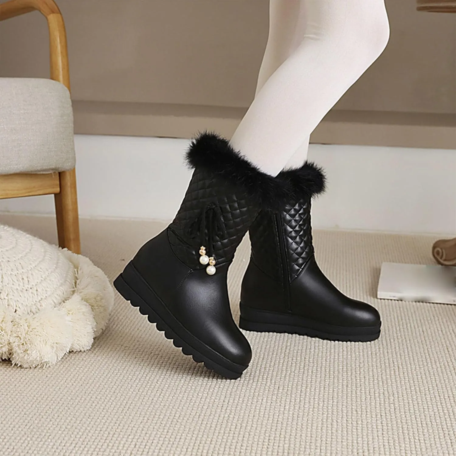 Short Snow Boots, Side Zip Raw Edge Straight Boots Bow Pearl Decoration Women's Boots Waterproof and Non Slip Autumn and Winter Boots