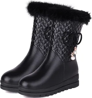 Short Snow Boots, Side Zip Raw Edge Straight Boots Bow Pearl Decoration Women's Boots Waterproof and Non Slip Autumn and Winter Boots