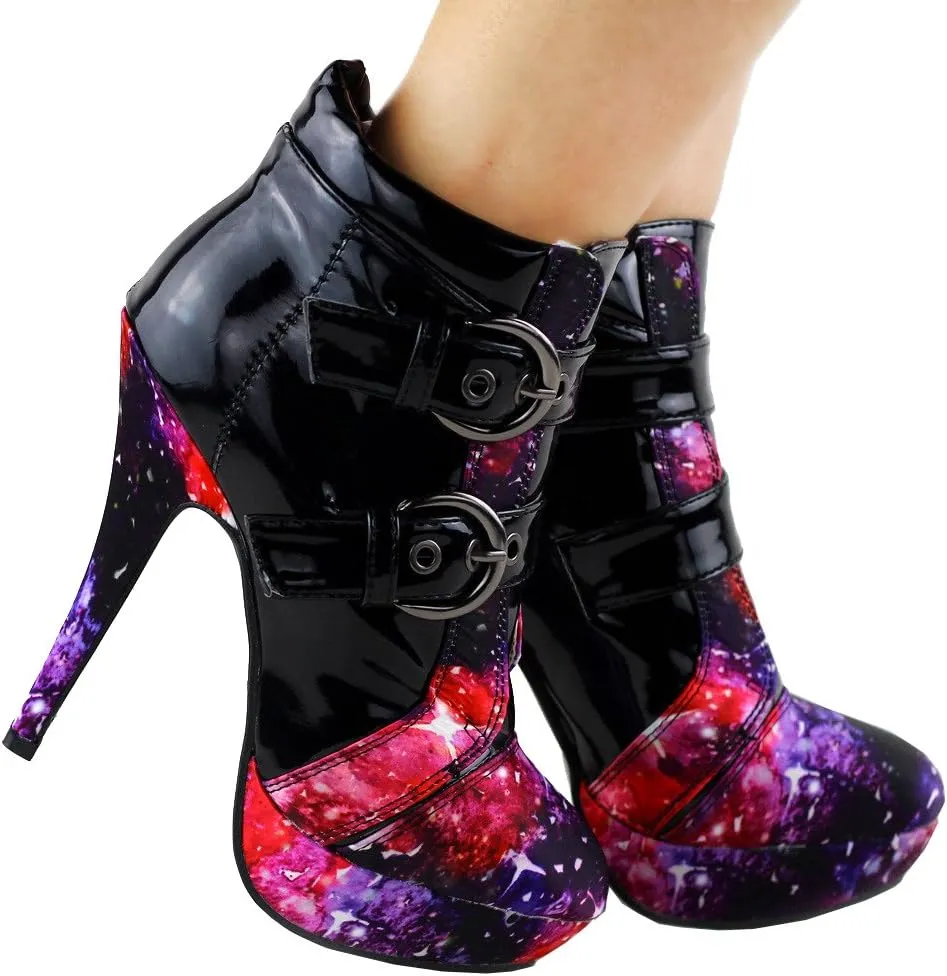 SHOW STORY Punk Buckle Night Sky High Heel Stiletto Platform Ankle Boots,LF30301