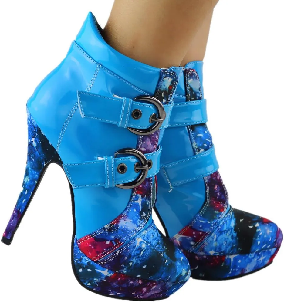 SHOW STORY Punk Buckle Night Sky High Heel Stiletto Platform Ankle Boots,LF30301