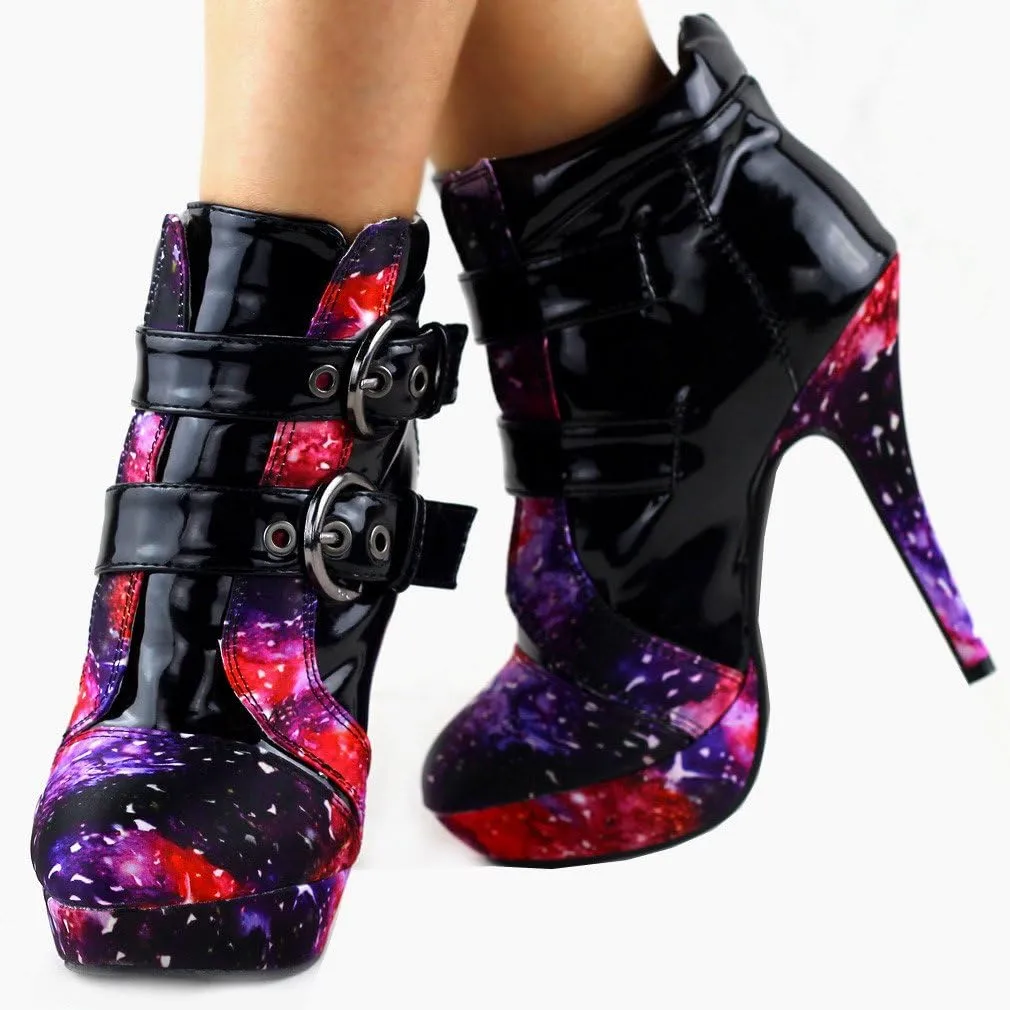 SHOW STORY Punk Buckle Night Sky High Heel Stiletto Platform Ankle Boots,LF30301
