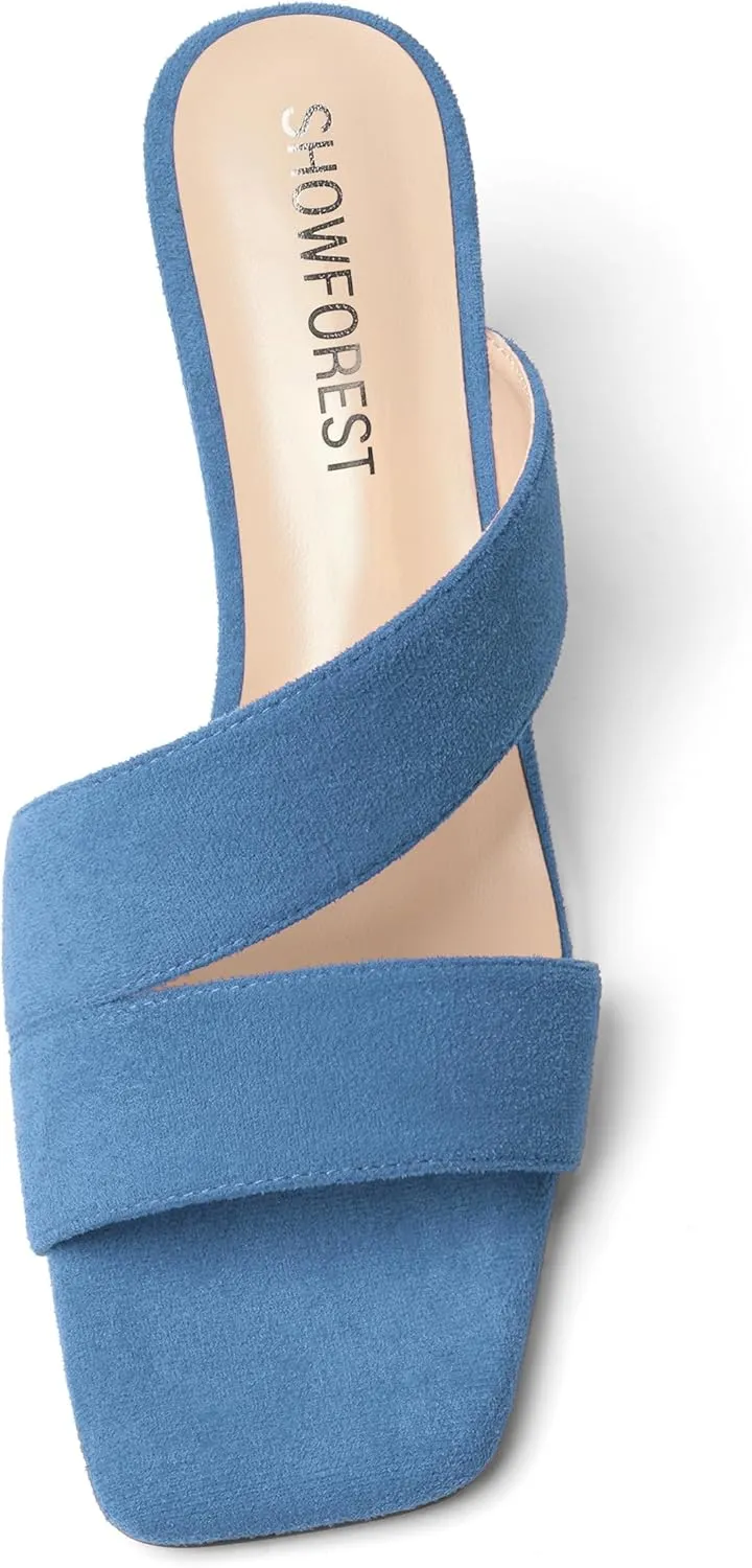 SHOWFOREST Womens Home Square Toe Solid Fashion Slip On Suede Chunky Low Heel Sandals 1.5 Inch