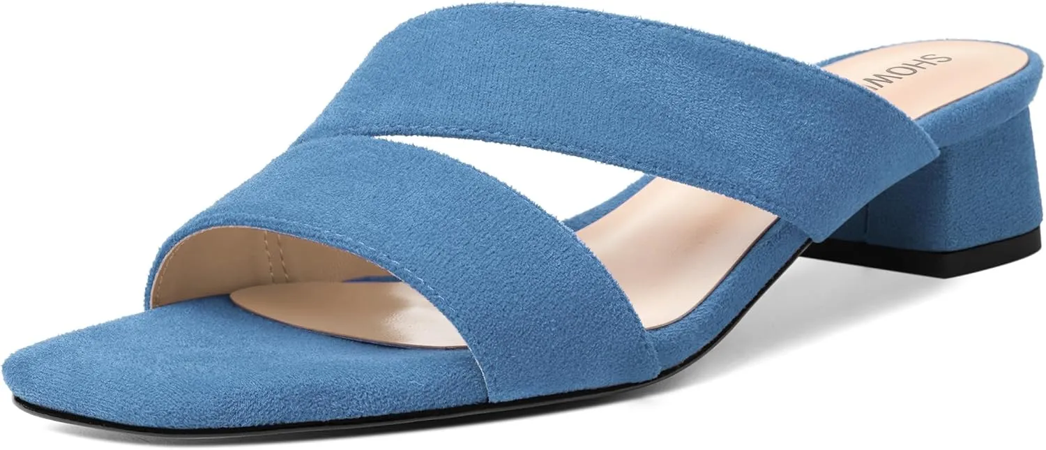 SHOWFOREST Womens Home Square Toe Solid Fashion Slip On Suede Chunky Low Heel Sandals 1.5 Inch