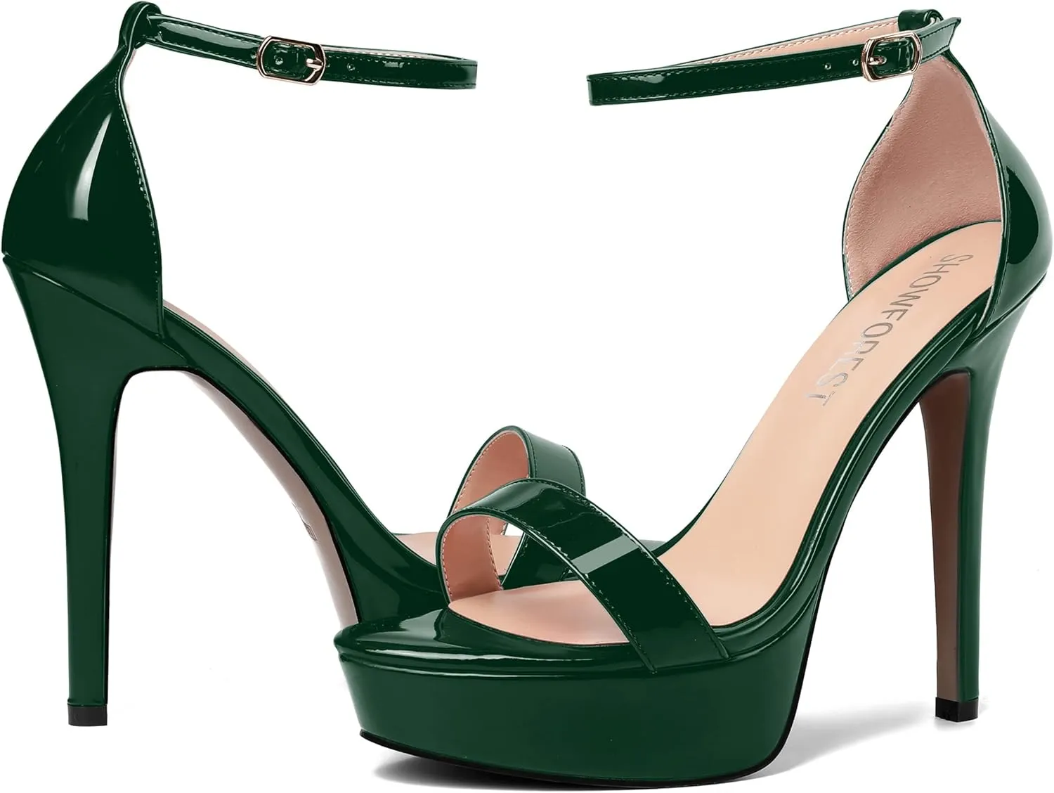 SHOWFOREST Womens Solid Buckle Platform Sexy Ankle Strap Night Club Patent Open Toe Stiletto High Heel Pumps Shoes 5 Inch