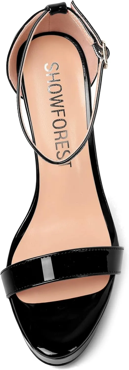 SHOWFOREST Womens Solid Buckle Platform Sexy Ankle Strap Night Club Patent Open Toe Stiletto High Heel Pumps Shoes 5 Inch