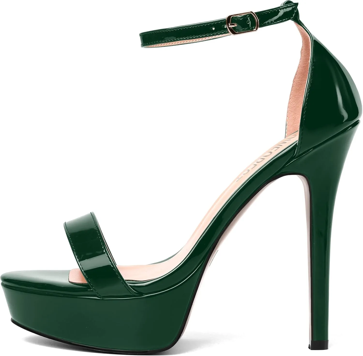 SHOWFOREST Womens Solid Buckle Platform Sexy Ankle Strap Night Club Patent Open Toe Stiletto High Heel Pumps Shoes 5 Inch