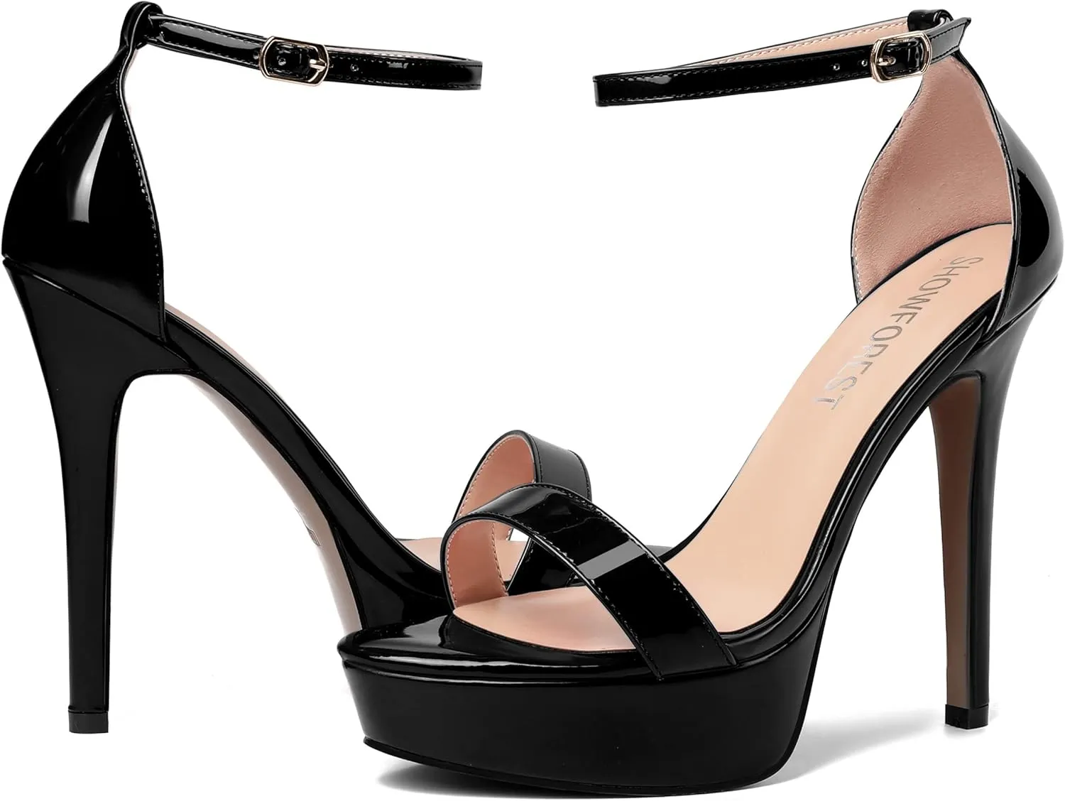 SHOWFOREST Womens Solid Buckle Platform Sexy Ankle Strap Night Club Patent Open Toe Stiletto High Heel Pumps Shoes 5 Inch