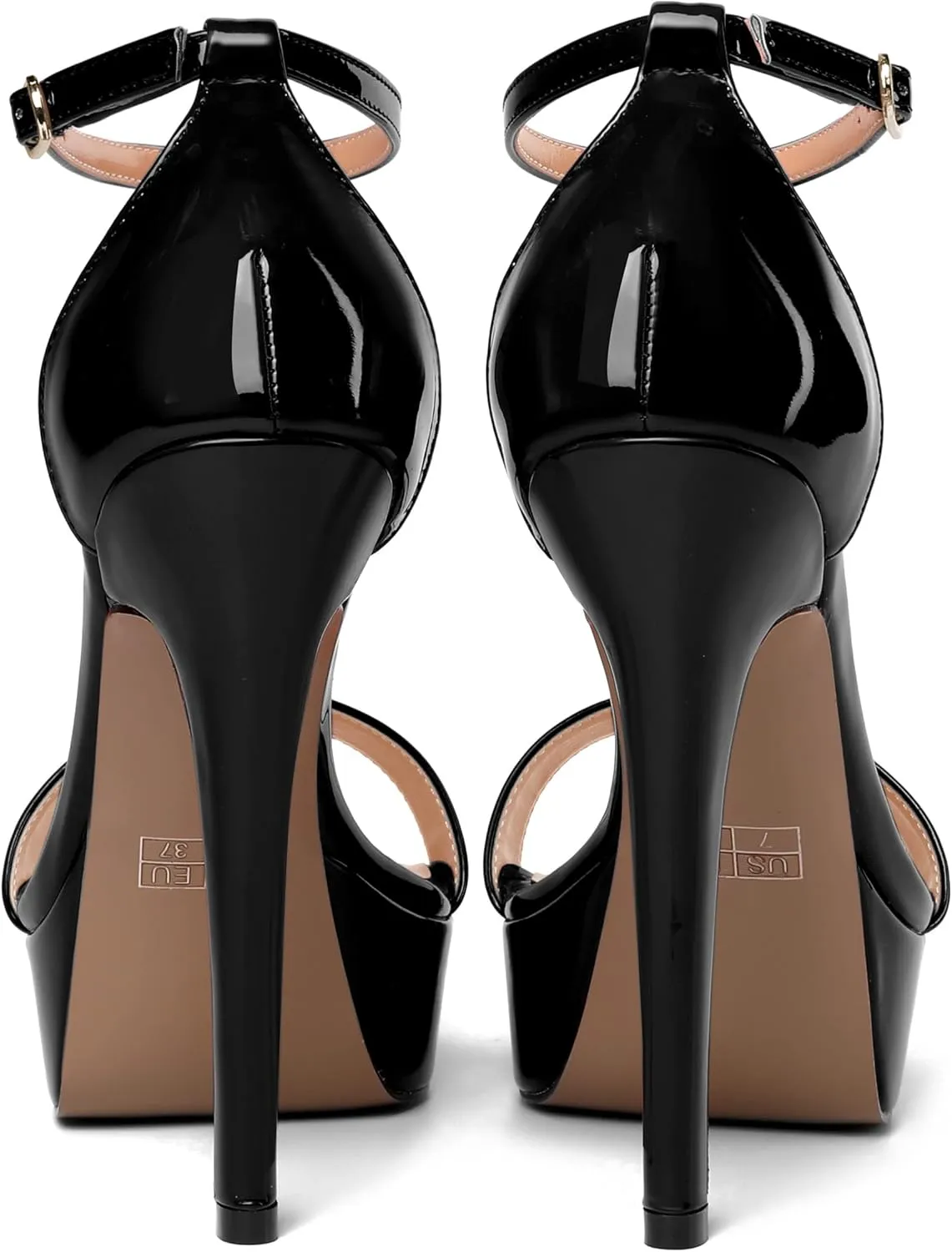 SHOWFOREST Womens Solid Buckle Platform Sexy Ankle Strap Night Club Patent Open Toe Stiletto High Heel Pumps Shoes 5 Inch