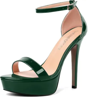 SHOWFOREST Womens Solid Buckle Platform Sexy Ankle Strap Night Club Patent Open Toe Stiletto High Heel Pumps Shoes 5 Inch
