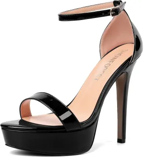 SHOWFOREST Womens Solid Buckle Platform Sexy Ankle Strap Night Club Patent Open Toe Stiletto High Heel Pumps Shoes 5 Inch