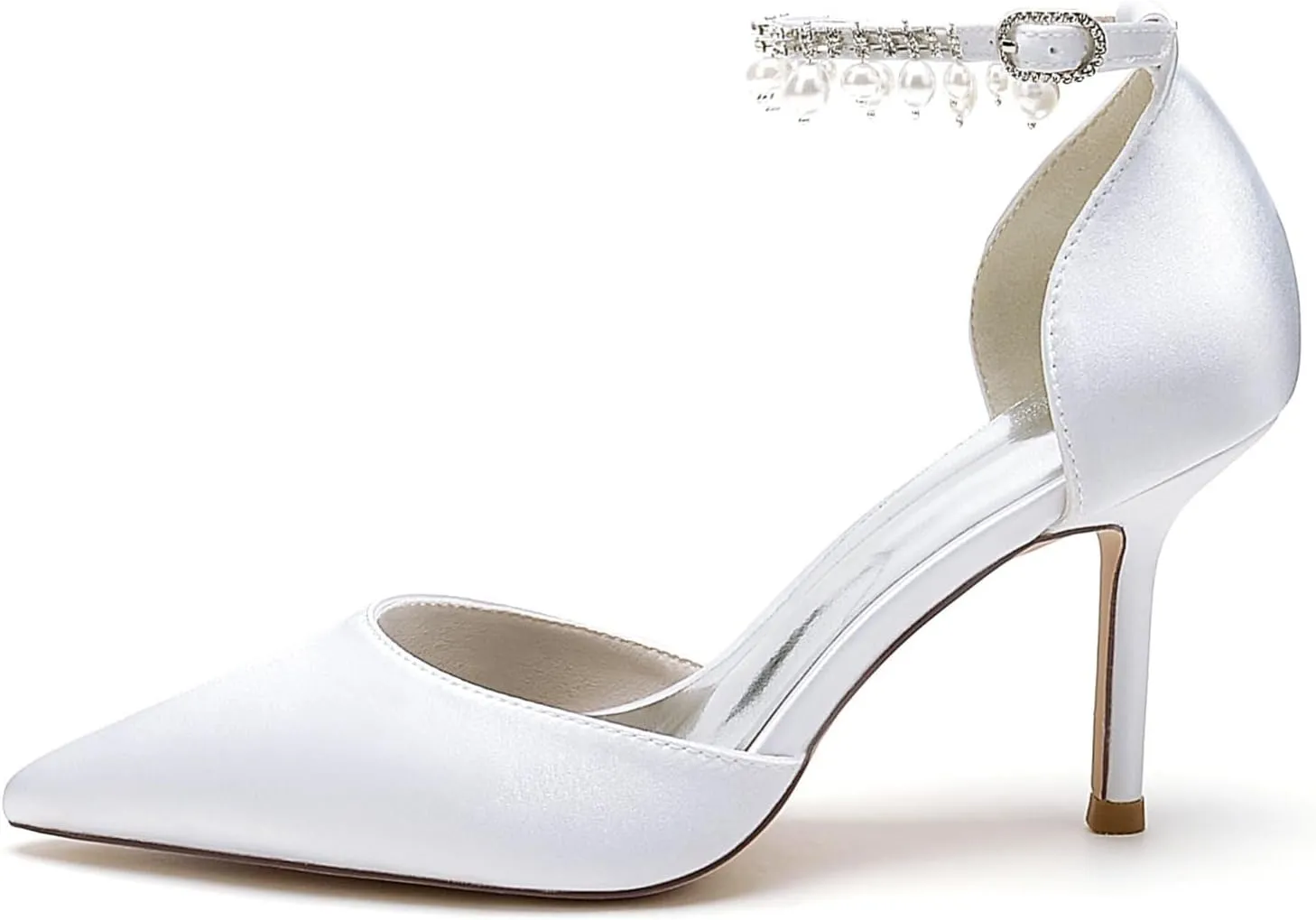 Silk Pearl Wedding Shoes Bride Pointed Toe Ankle Buckle Strap Bridesmaid High Heels Women Bridal Party Pumps 8.5Cm