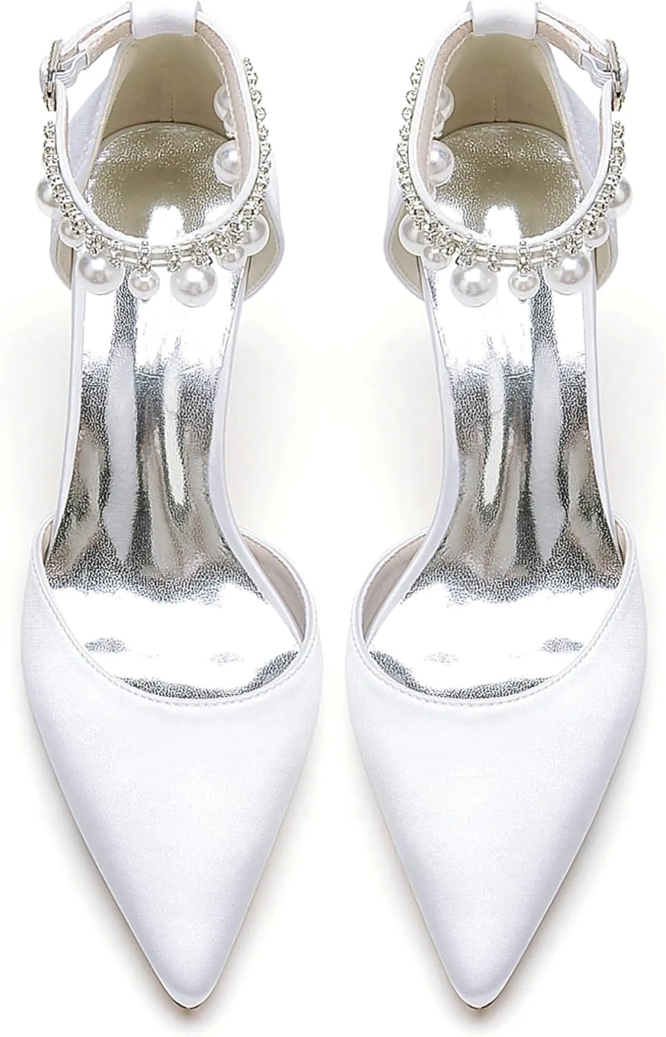 Silk Pearl Wedding Shoes Bride Pointed Toe Ankle Buckle Strap Bridesmaid High Heels Women Bridal Party Pumps 8.5Cm