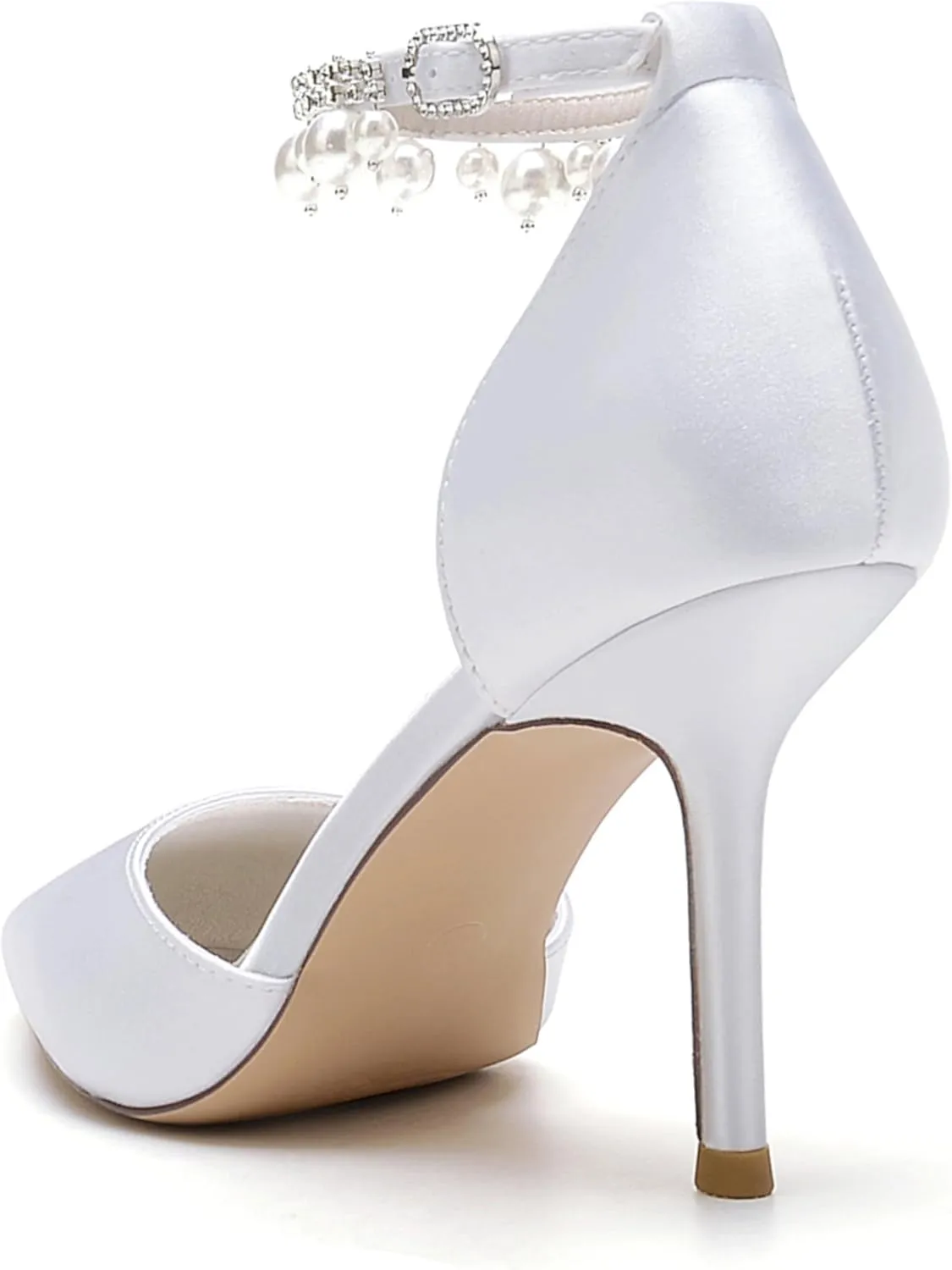 Silk Pearl Wedding Shoes Bride Pointed Toe Ankle Buckle Strap Bridesmaid High Heels Women Bridal Party Pumps 8.5Cm