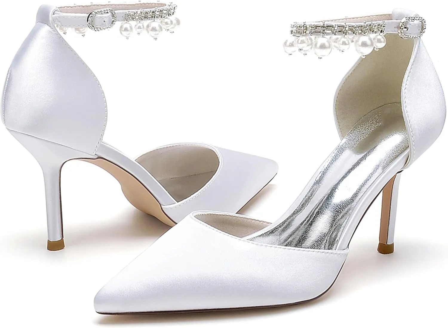 Silk Pearl Wedding Shoes Bride Pointed Toe Ankle Buckle Strap Bridesmaid High Heels Women Bridal Party Pumps 8.5Cm