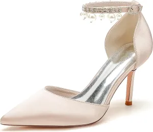 Silk Pearl Wedding Shoes Bride Pointed Toe Ankle Buckle Strap Bridesmaid High Heels Women Bridal Party Pumps 8.5Cm