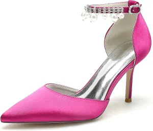Silk Pearl Wedding Shoes Bride Pointed Toe Ankle Buckle Strap Bridesmaid High Heels Women Bridal Party Pumps 8.5Cm