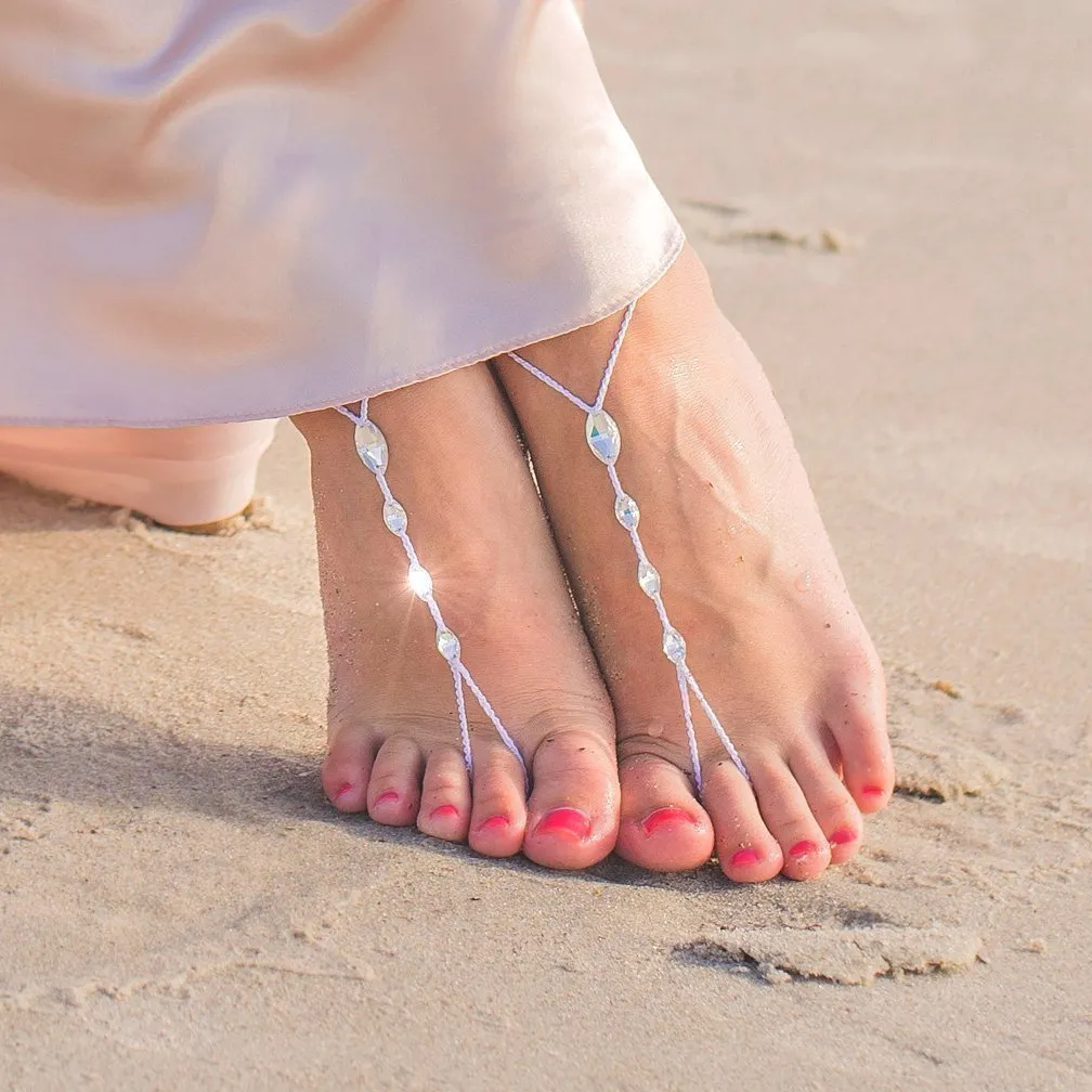Simple Women Barefoot Sandals Foot Jewelry with Luxury Crystals, Boho Beach Wedding Comfortable Shoes Alternative, Destination Summer Accessory (White & Crystal)