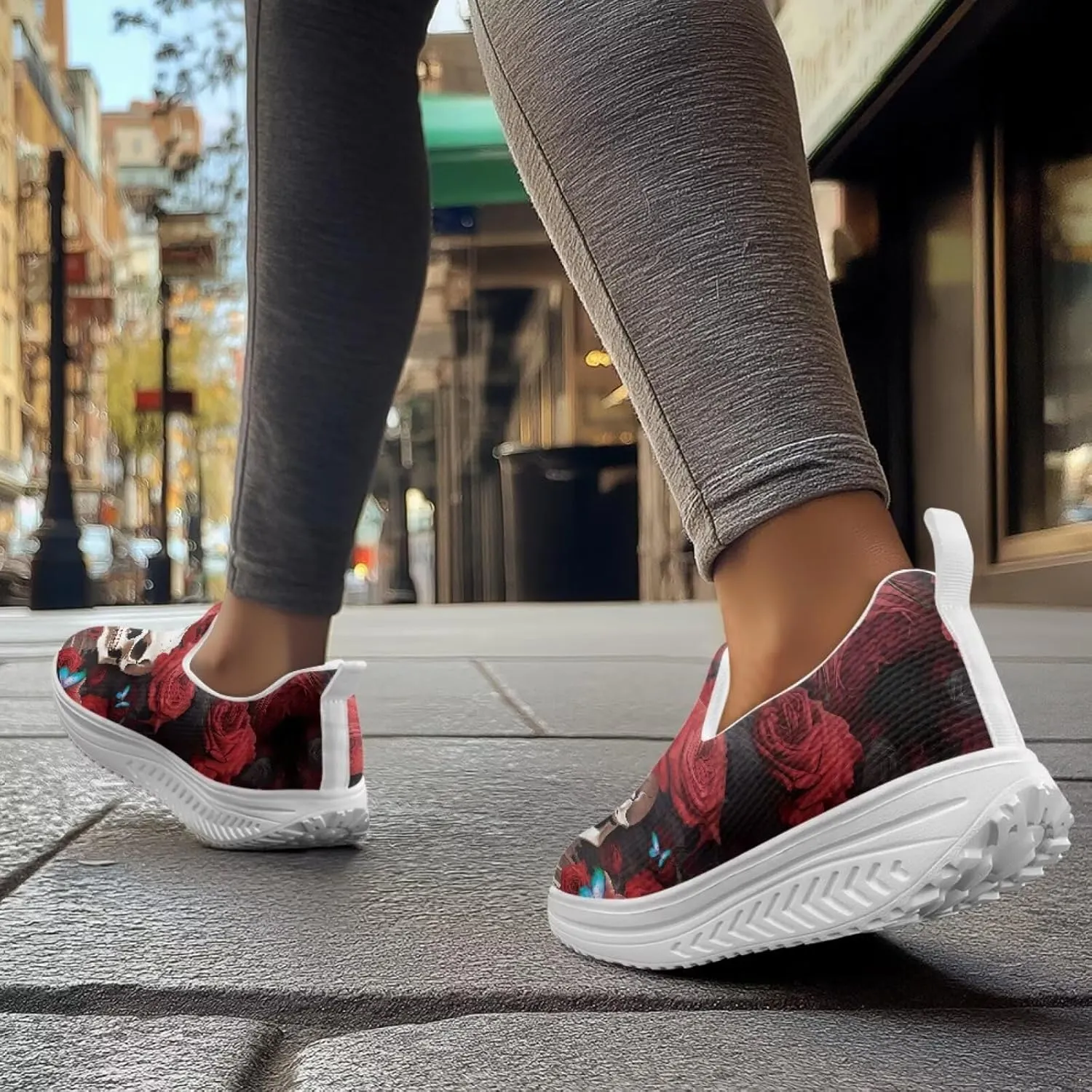 Skull Design Women's Slip-On Platform Loafers Mesh Non-Slip Rocker Bottom Sneakers Standing All Day Comfort