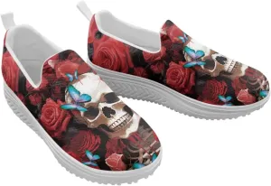 Skull Design Women's Slip-On Platform Loafers Mesh Non-Slip Rocker Bottom Sneakers Standing All Day Comfort