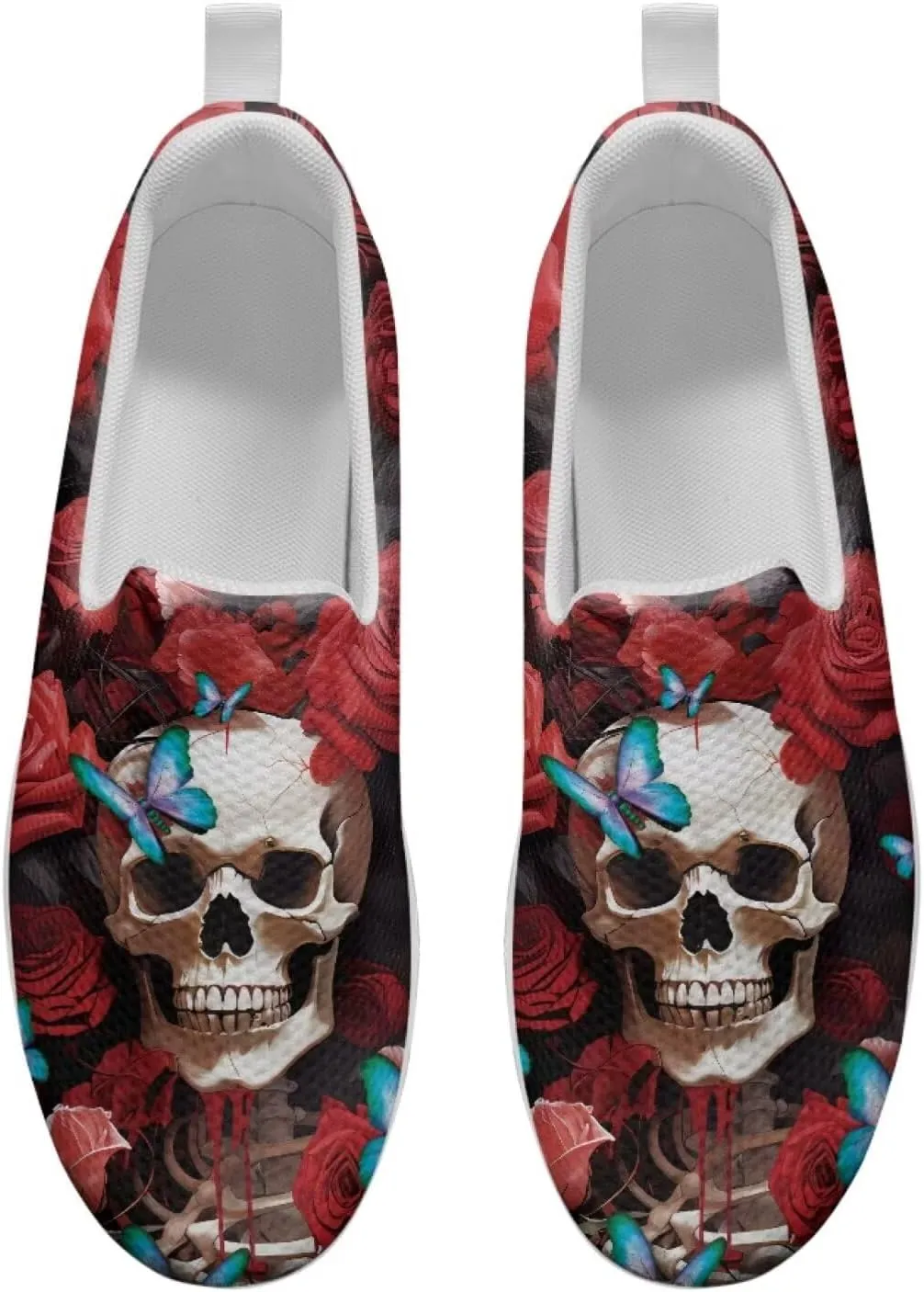 Skull Design Women's Slip-On Platform Loafers Mesh Non-Slip Rocker Bottom Sneakers Standing All Day Comfort