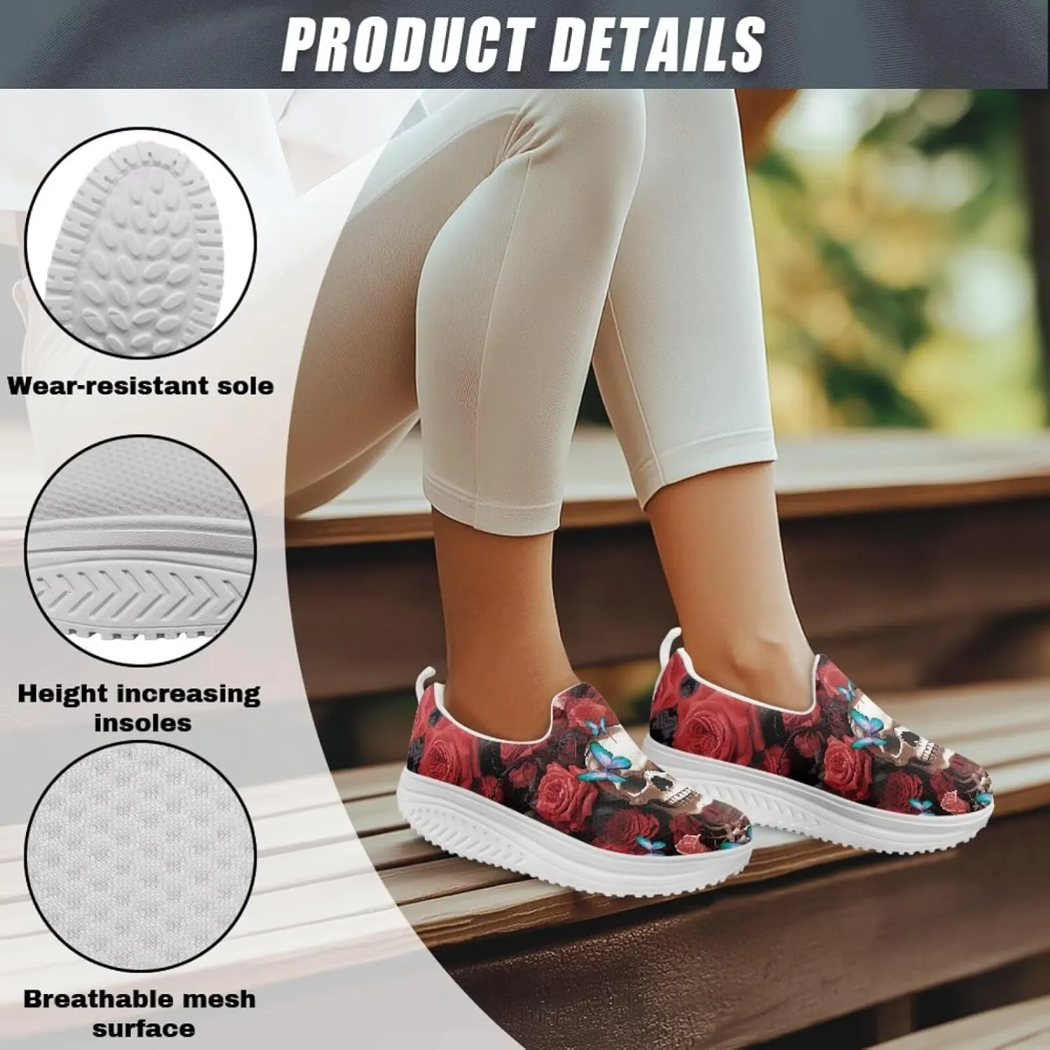 Skull Design Women's Slip-On Platform Loafers Mesh Non-Slip Rocker Bottom Sneakers Standing All Day Comfort