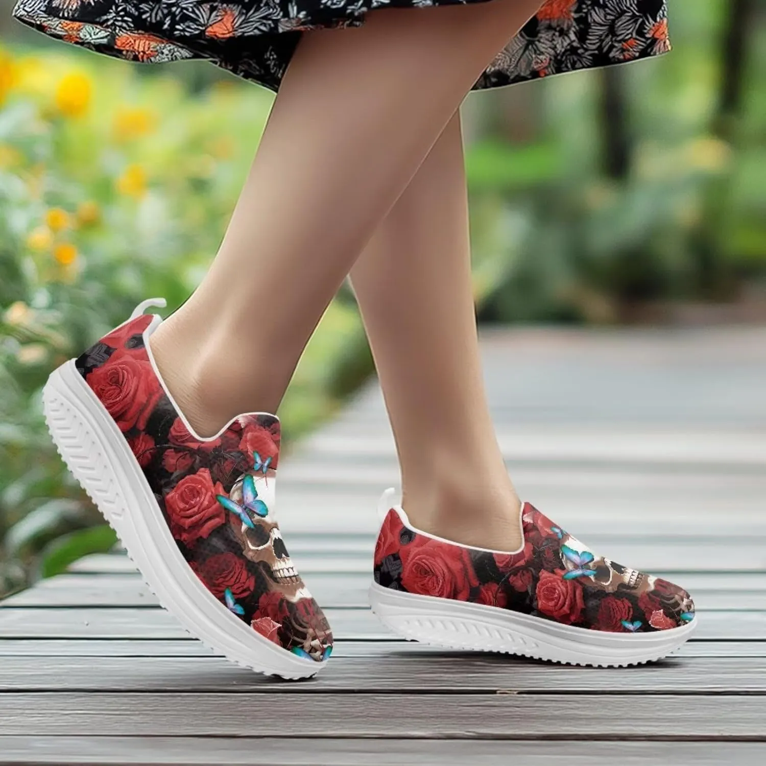 Skull Design Women's Slip-On Platform Loafers Mesh Non-Slip Rocker Bottom Sneakers Standing All Day Comfort