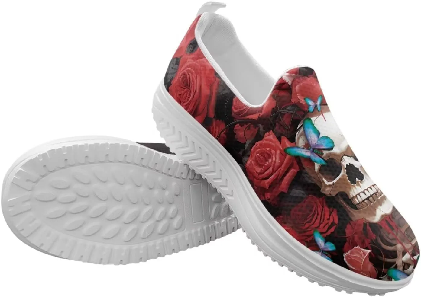 Skull Design Women's Slip-On Platform Loafers Mesh Non-Slip Rocker Bottom Sneakers Standing All Day Comfort