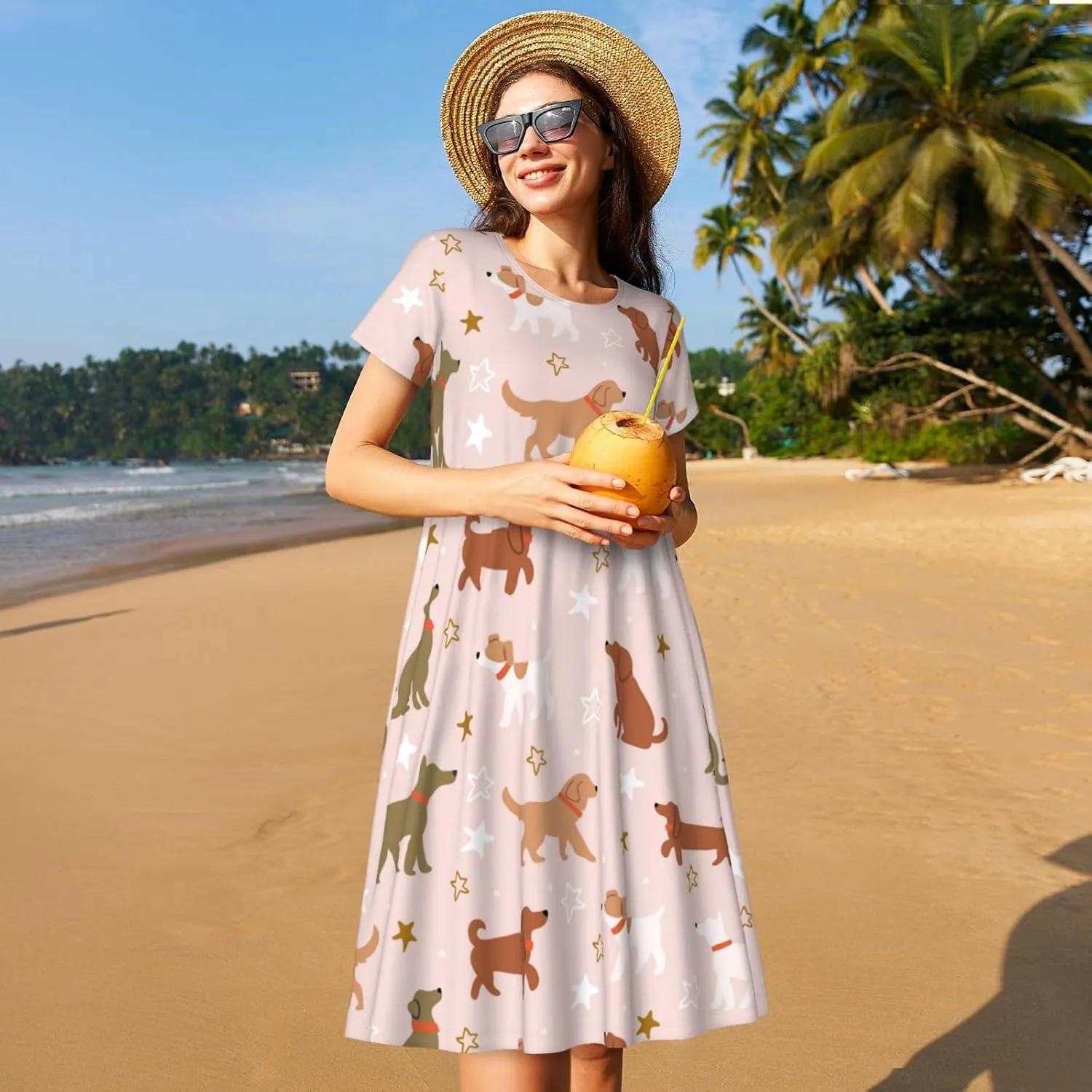 Star Cute Dog for Women's Casual Short Sleeve Dress with Pockets Dress for Summer,Travel,Lounging-