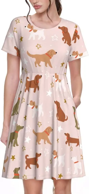 Star Cute Dog for Women's Casual Short Sleeve Dress with Pockets Dress for Summer,Travel,Lounging-