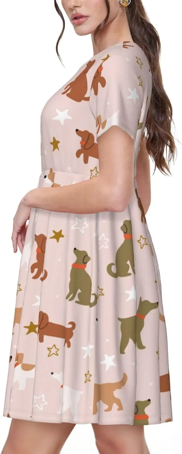 Star Cute Dog for Women's Casual Short Sleeve Dress with Pockets Dress for Summer,Travel,Lounging-