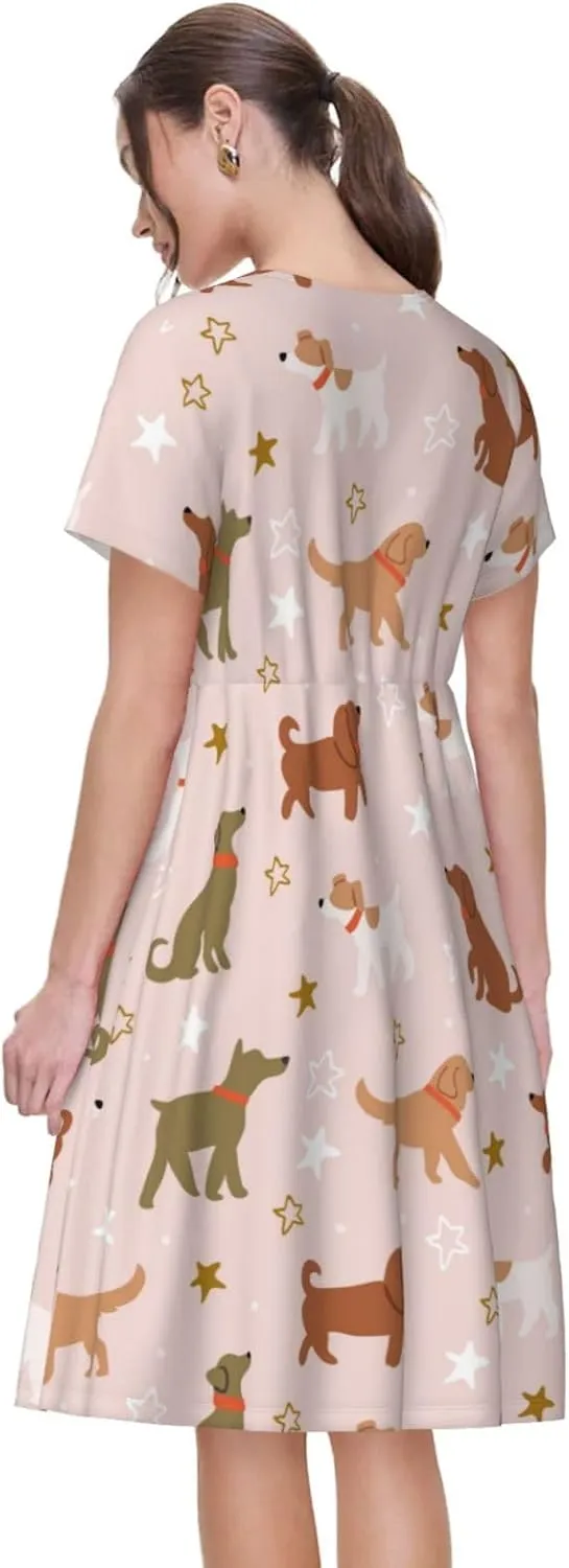 Star Cute Dog for Women's Casual Short Sleeve Dress with Pockets Dress for Summer,Travel,Lounging-