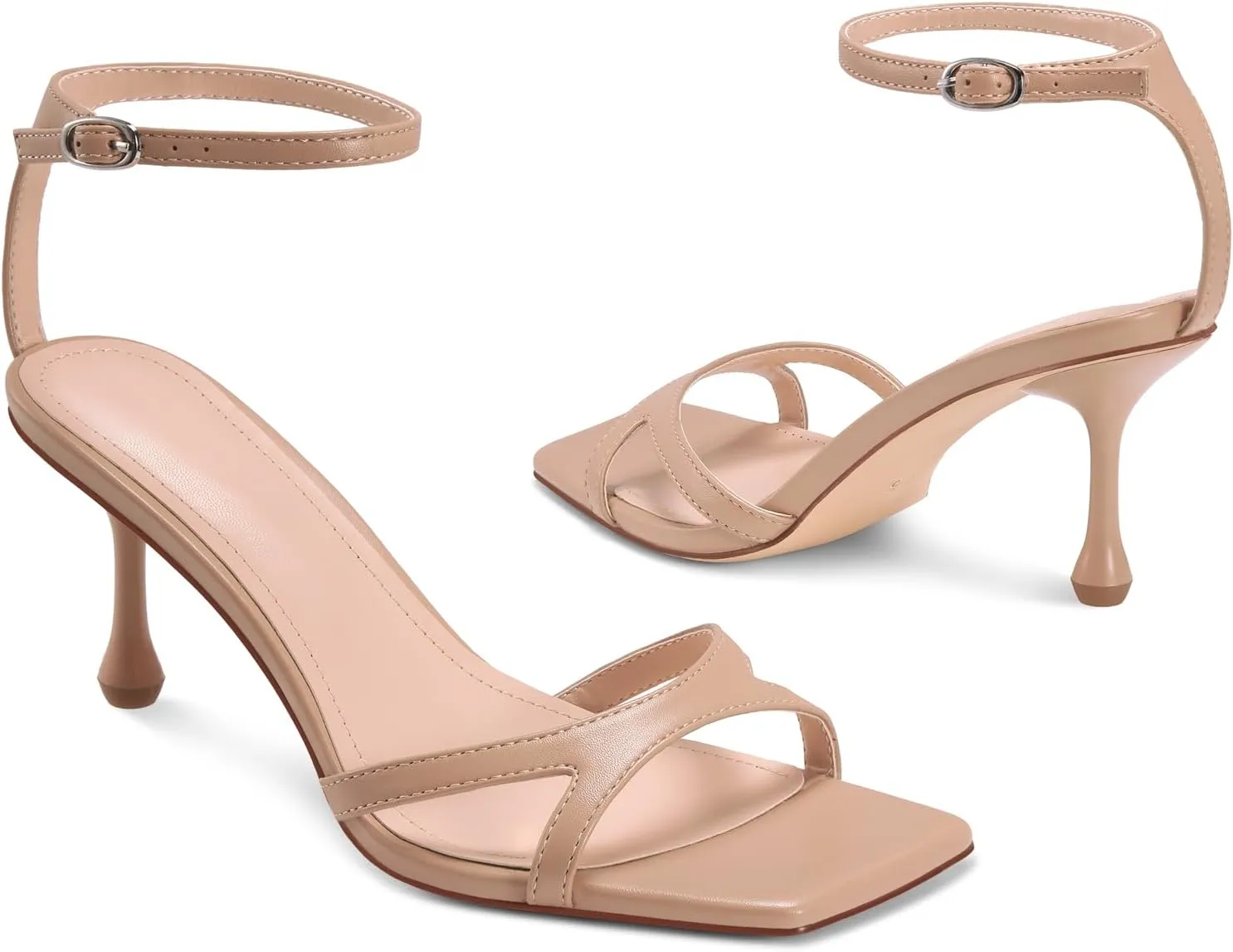 Strappy Heels for Women Stiletto Heels Summer Wedding Sandal Kitten Square Toe Black Nude Gold