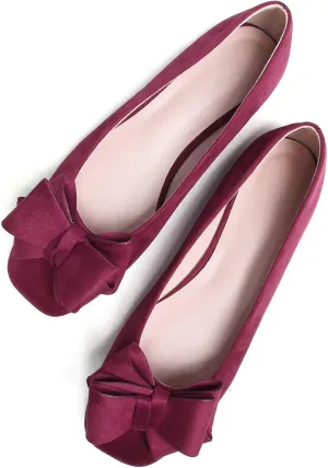 Stunner Womens Bowknot Ballet Flats Square Toe Casual Flats Comfortable Velvet Flats Slip On Work Flats