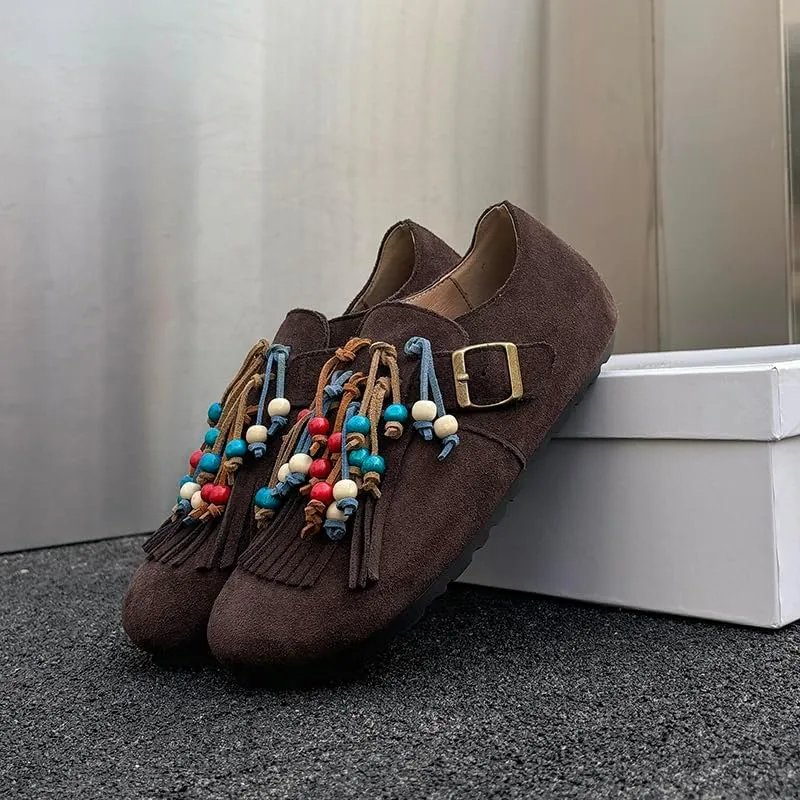 Suede Flats Shoes for Women Round Toe Moccasin Flats – Low Heel Slip-On Shoes with Fringe and Bead Details Party Pumps for Women
