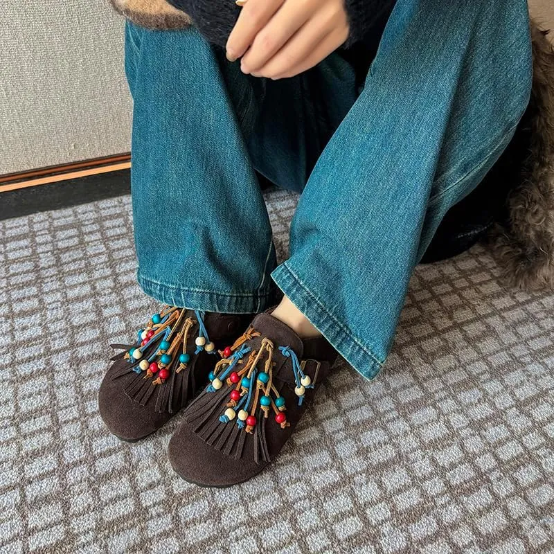 Suede Flats Shoes for Women Round Toe Moccasin Flats – Low Heel Slip-On Shoes with Fringe and Bead Details Party Pumps for Women