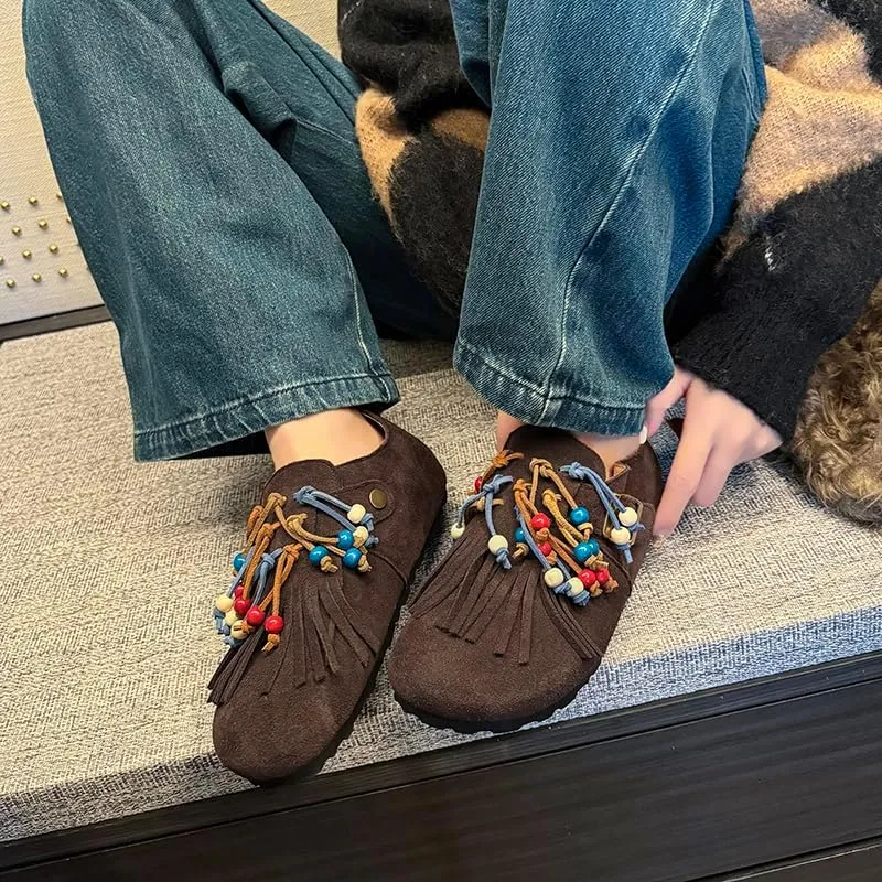 Suede Flats Shoes for Women Round Toe Moccasin Flats – Low Heel Slip-On Shoes with Fringe and Bead Details Party Pumps for Women