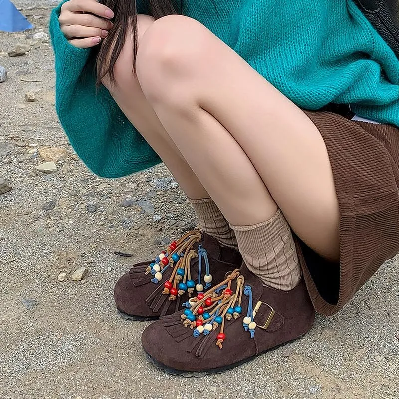 Suede Flats Shoes for Women Round Toe Moccasin Flats – Low Heel Slip-On Shoes with Fringe and Bead Details Party Pumps for Women