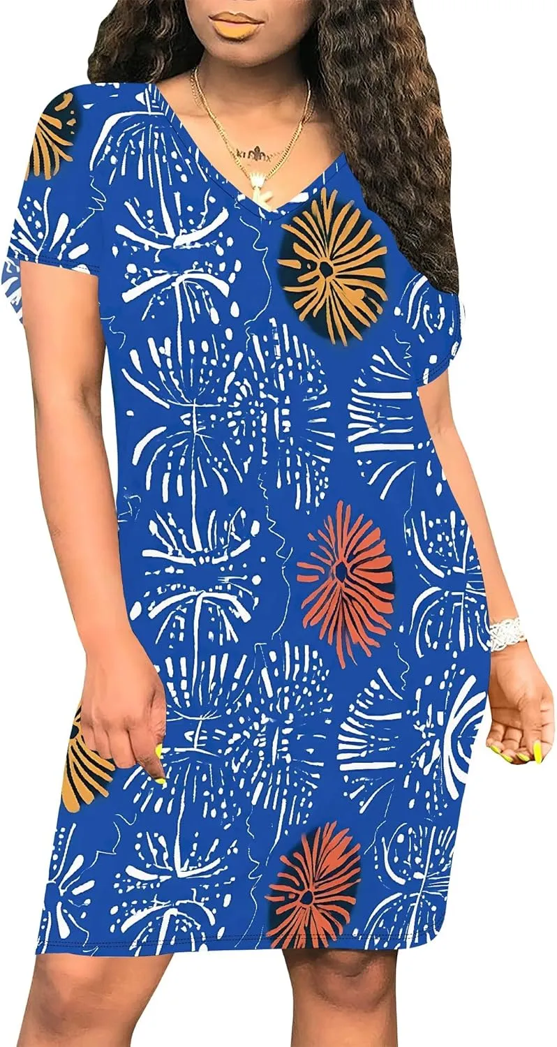 Summer Dresses for Women Loose Midi V Neck Short Sleeve Casual T Shirt Beach Vacation Ruched Sundress with Pockets