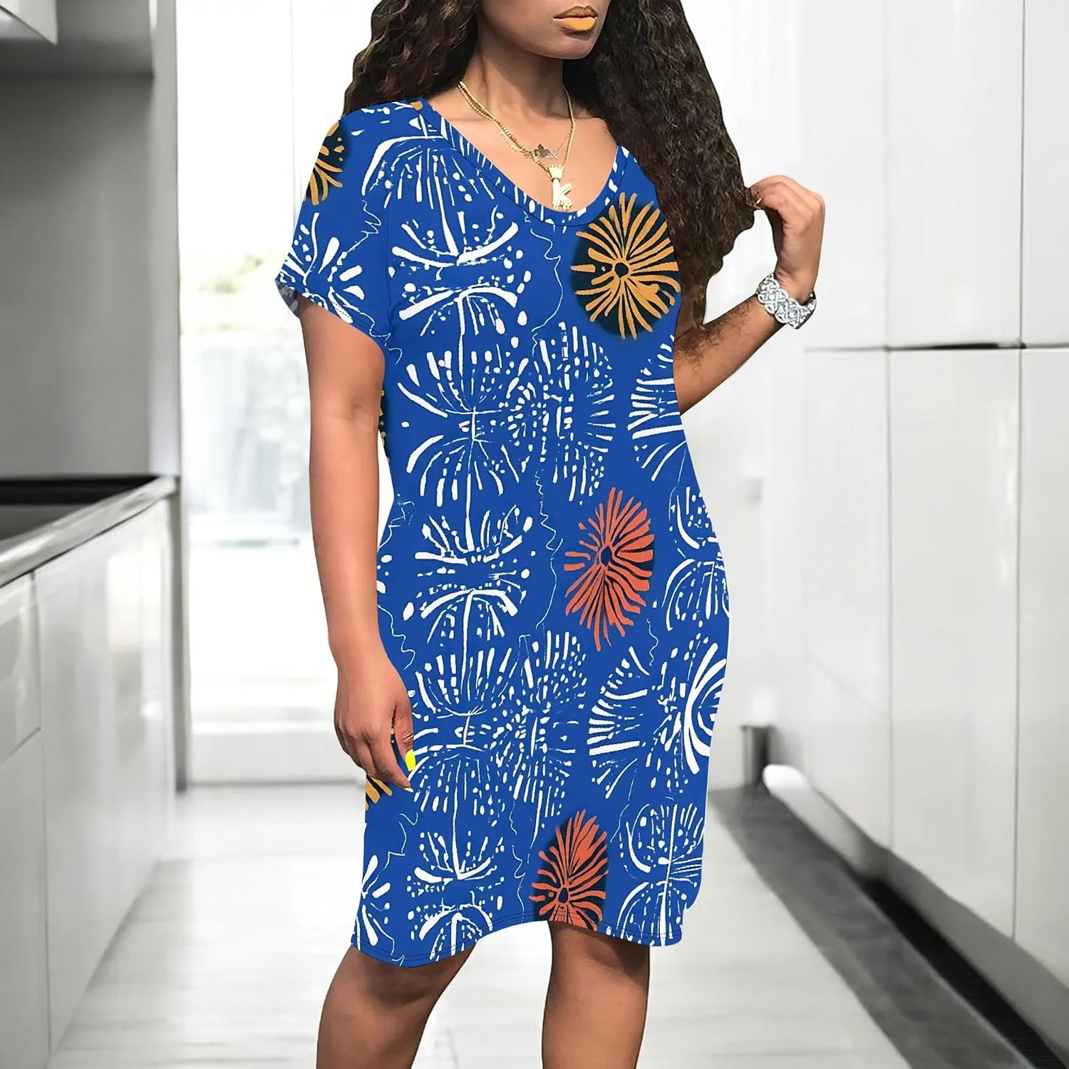 Summer Dresses for Women Loose Midi V Neck Short Sleeve Casual T Shirt Beach Vacation Ruched Sundress with Pockets